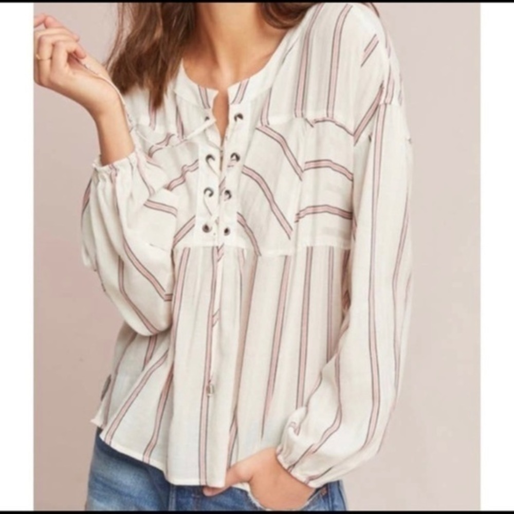 Splendid Ivory Sailboat Striped Lace-up Top S Long Sleeve Boho Relaxed Nautical